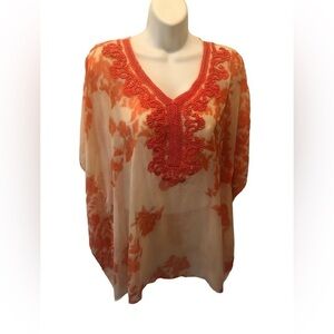 Chico’s Embroidered Printed Poncho Sz. S/M Orange Tan Sheer Batwing Summer Happy